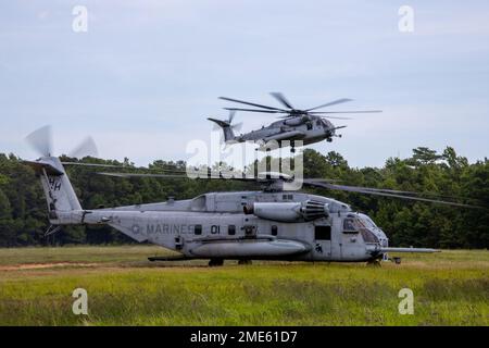 USA Marine Corps CH-53E Super Hengste zugewiesen zu Marine Heavy Helicopter Staffel 366, 2. Marine Aircraft Wing, bereiten Sie sich auf einen externen Aufzug vor während der Versteckübung im Marine Corps Base Camp Lejeune, North Carolina, 27. Juli 2022. Bei der Versteckübung handelt es sich um eine Feldübung, die von 10. Marines, 2. Marine Division, durchgeführt wird und die Teilnehmer in den Bereichen Signaturmanagement, Kommunikation, elektronische Kriegsführung, Cyberspace-Operationen und Sammlung, Verarbeitung und Verbreitung nachrichtendienstlicher Erkenntnisse ausbildet, um künftige Operationen in einem umstrittenen Umfeld mit mehreren Bereichen zu ermöglichen. Stockfoto