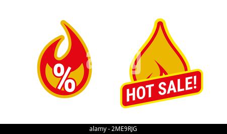 Zwei Vorlagen für „Hot Sale“-Embleme. Flammensymbole. Flache Vektordarstellung isoliert auf weißem Hintergrund. Stock Vektor