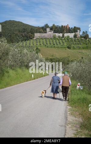 Älteres Ehepaar, das mit einem Hund an der Leine entlang der Landstraße in der Toskana, Italien, läuft. Stockfoto