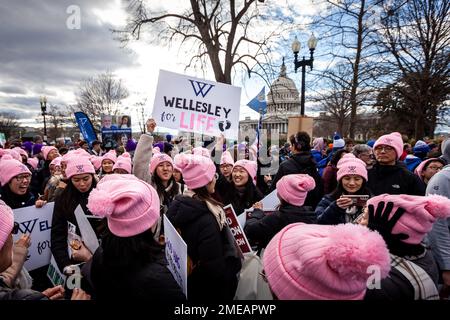 Washington, DC, USA. 20. Januar 2023. Mitglieder von Wellesley for Life passieren das United States Capitol während des jährlichen Marsches for Life in Washington, DC. Der diesjährige märz ist eine Feier der Aufhebung von Roe gegen Wade durch den Obersten Gerichtshof und des Bundesrechts auf Zugang zu Abtreibung am 24. Juni 2022 in der Stellungnahme von Dobbs gegen JWHO. Etwa die Hälfte der Staaten hat seitdem den Zugang zu Abtreibungen verboten oder stark eingeschränkt. Anti-Abtreibungs-Aktivisten wollen noch weiter gehen und forderten den Kongress auf, ein nationales Abtreibungsverbot zu verabschieden. (Credit Image: © Allison Bailey/SOPA Images via ZUMA Press Wire) EDITORIAL US Stockfoto