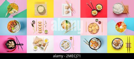Collage mit leckeren chinesischen Gerichten auf farbigem Hintergrund Stockfoto