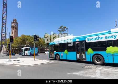 Emissionsfreie Busse Sydney Australia, das NSW-Regierungsprogramm aller emissionsfreien elektrischen Busse, die bis 2035 Diesel- und Wasserstoffbusse ersetzen sollen Stockfoto