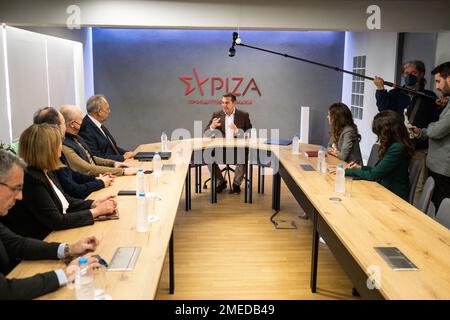 Griechenland, Athen auf 2023-01-19. Der Präsident der Progressiven Allianz SYRIZA, Alexis Tsipras, nimmt an einem Treffen mit dem Präsidentschaftsrat Teil Stockfoto