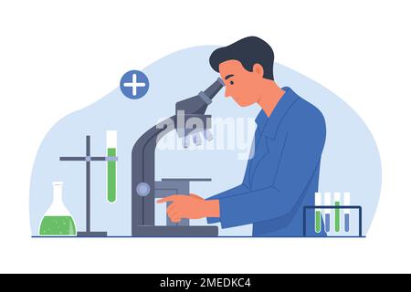 Männlicher Wissenschaftler mit Mikroskop für Experimente im Labor Stock Vektor