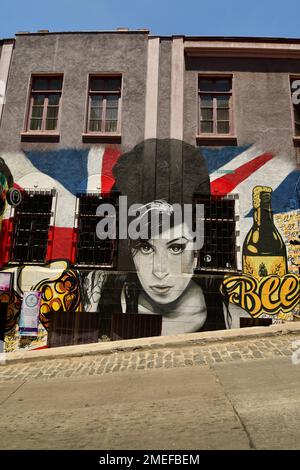 Amy Winehouse Street Art Graffiti in Valparaiso Chile farbenfroh Stockfoto