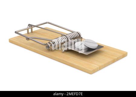 Mausefalle und Tabletten auf weißem Hintergrund. Isolierte 3D-Abbildung Stockfoto