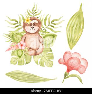 Faulenzer-Clipart. Aquarell Baby Faultier Clip Art, tropisches Tier, Blätter Set, Dschungelblütenstrauß, Babydusche, Geburtstagsparty Für Kinder Stockfoto