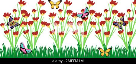 Illustration eines wunderschönen Blumengartens mit Gras, Tulpenblüten und bunten Schmetterlingen im Hintergrund Stockfoto