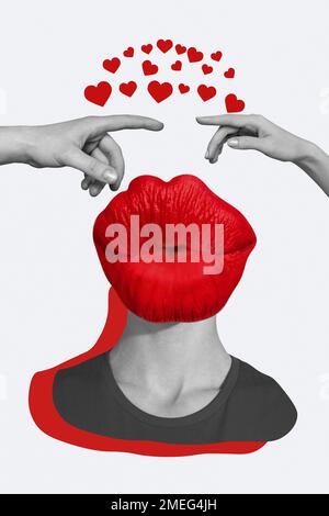 Vertikale Fotocollage einer kopflosen Person absurder roter Lippenstift Kuss gegossene Lippen Finger berühren Kontakt isoliert auf weißem Hintergrund Stockfoto
