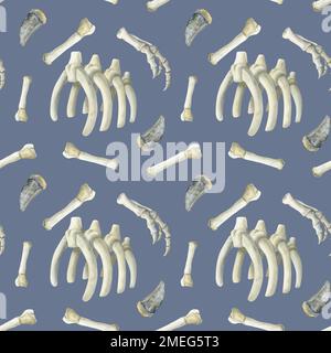 Wasserfarbenes paläontologisches Nahtmuster mit Dinosaurierknochen, Tyrannosaurusrippen und Zähnen auf blauem Hintergrund. Stockfoto