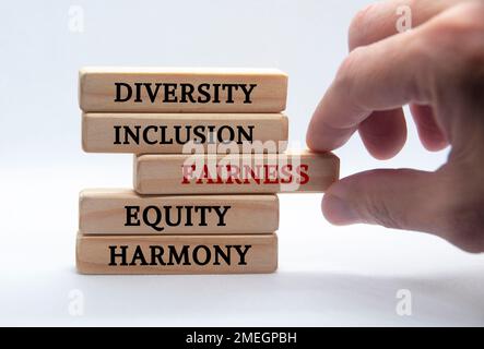 Vielfalt, Inklusion, Fairness, Gerechtigkeit und Harmonie auf Holzblöcken mit weißem Hintergrund. Diversitätskonzept. Stockfoto