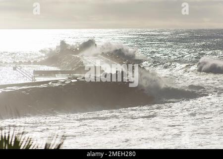 Ondas fortes arrebetam no quebra-mar do Pontão da Ericeira [starke Wellen brechen am Wellenbrecher von Pontão da Ericeira] Ericeira - Mafra Portugal Stockfoto