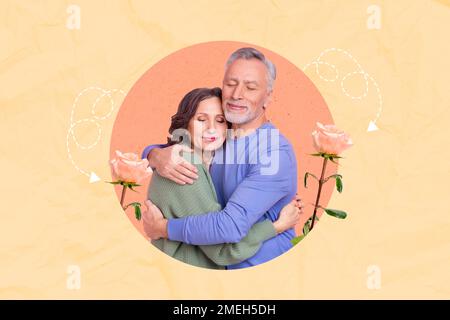 Foto Portrait kreative Collage Poster Postkarte Bild von glücklichen Menschen Augen geschlossen Genießen Sie Zeit zusammen isoliert auf dem Hintergrund zeichnen Stockfoto