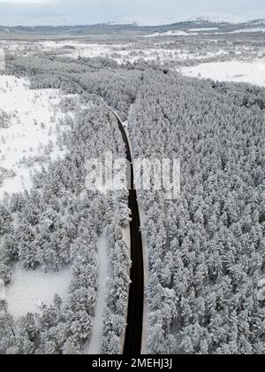 Luftaufnahme der Straße im Schnee Rothiemurchus Wald im Cairngorms National Park, Scottish Highlands, Schottland, Großbritannien Stockfoto