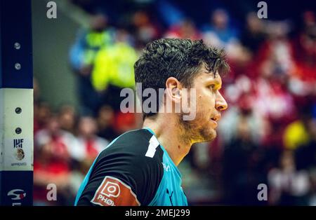 Malmö, Schweden. 23., Januar 2023. Niklas Landin (1) aus Dänemark wurde während des IHF-Handballweltmeisterschaftsspiels 2023 zwischen Ägypten und Dänemark in der Malmö Arena in Malmö gesehen. (Foto: Gonzales Photo - Joe Miller). Stockfoto