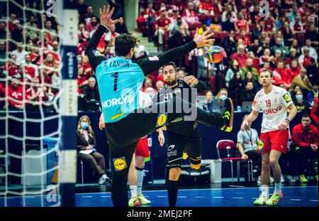 Malmö, Schweden. 23., Januar 2023. Mohammad Sanad (91) aus Ägypten, gesehen während des IHF-Handballweltmeisterschaftsspiels 2023 zwischen Ägypten und Dänemark in der Malmö Arena in Malmö. (Foto: Gonzales Photo - Joe Miller). Stockfoto