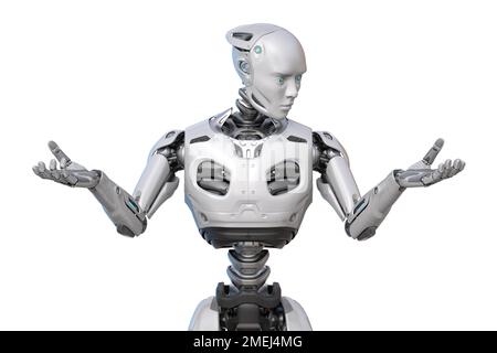 Ein Roboter, der auf seine Hand schaut. 3D Abbildung Stockfoto