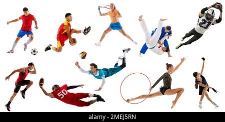 Collage, verschiedene Profisportler. Basketball, Fußball, Voleyballspieler in Aktion auf weißem Hintergrund. Sportbegriff Stockfoto