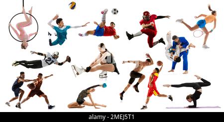 Collage, verschiedene Profisportler. Tennis-, Basketball-, Fußball-, Voleyballspieler in Aktion auf weißem Hintergrund. Sportbegriff Stockfoto