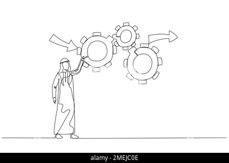 arabische Menschen sorgen dafür, dass Zahnräder effektiv und effizient arbeiten, um ein optimales Konzept des Workflow-Managements zu erzielen. Einzeiliger Kunststil Stock Vektor
