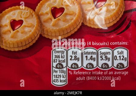 Etikett mit Nährwertangaben auf der Packung der Jammie Dodgers Minis Himbeeraroma Snack Packungen Stockfoto