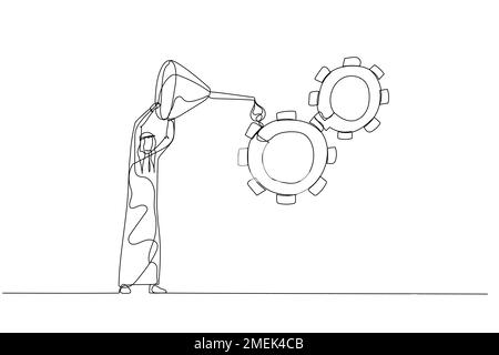 arabische Menschen Ölen Zahnrad, damit es richtig funktioniert Metapher von Qualitätskontrolle und -Management. Einzeiliger Kunststil Stock Vektor