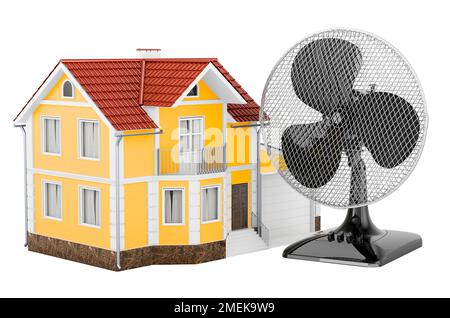 Haus mit Tischventilator, 3D-Rendering isoliert auf weißem Hintergrund Stockfoto