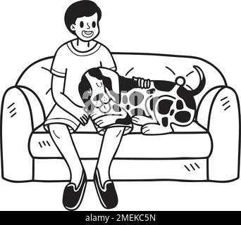 Handgezeichneter dalmatinischer Hund mit Besitzer und Sofa-Illustration im Doodle-Stil, isoliert im Hintergrund Stock Vektor