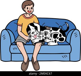 Handgezeichneter dalmatinischer Hund mit Besitzer und Sofa-Illustration im Doodle-Stil, isoliert im Hintergrund Stock Vektor