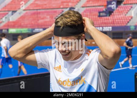 BHUBANESWAR – Derck de Vilder (NED) während des Trainings vor dem Viertelfinale der Eishockey-Weltmeisterschaft in Indien. ANP WILLEM VERNES niederlande raus - belgien raus Stockfoto