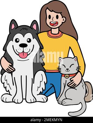 Handgezeichneter Husky Dog mit Katze und Eigentümerbild im Kritzelstil, isoliert im Hintergrund Stock Vektor