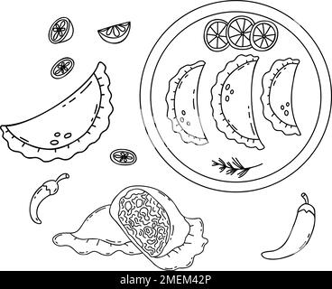 Sammlung Mexikanische Empanadas. Leckere Knödel auf dem Teller, zerbrochen mit Füllung. Vektorisolierte lineare Zeichnungen Mexikanisches Essen in Doodle Styl Stock Vektor