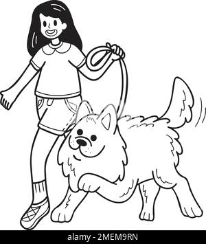 Handgezeichneter Samoyed Dog Walking mit Illustration des Besitzers im Kritzelstil, isoliert im Hintergrund Stock Vektor