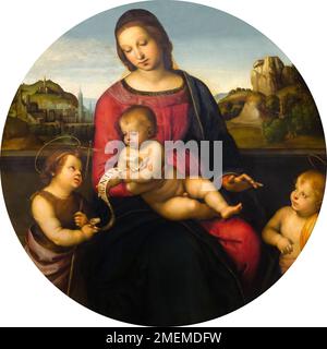 Die Jungfrau und das Kind mit dem Säuglingsheiligen Johannes dem Täufer und Kinderheiligen, der Terranuova Madonna, Raffael, circa 1505, Gemaldegalerie, Berlin, Germ Stockfoto