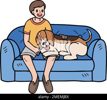 Handgezeichneter Beagle Dog mit Besitzer und Sofa-Illustration im Kritzelstil, isoliert im Hintergrund Stock Vektor