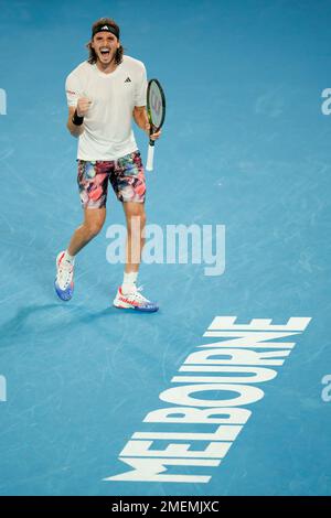 Melbourne Park 24/1/2023. Stefanos TSITSIPAS (GRE) in Aktion während des Quarterfinals bei den Australian Open 2023. Corleve/Alamy Live News Stockfoto