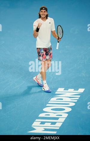 Melbourne Park 24/1/2023. Stefanos TSITSIPAS (GRE) in Aktion während des Quarterfinals bei den Australian Open 2023. Corleve/Alamy Live News Stockfoto