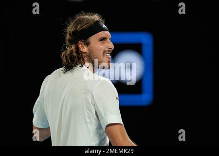 Melbourne Park 24/1/2023. Stefanos TSITSIPAS (GRE) in Aktion während des Quarterfinals bei den Australian Open 2023. Corleve/Alamy Live News Stockfoto