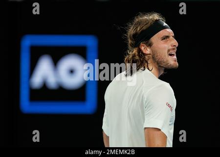 Melbourne Park 24/1/2023. Stefanos TSITSIPAS (GRE) in Aktion während des Quarterfinals bei den Australian Open 2023. Corleve/Alamy Live News Stockfoto