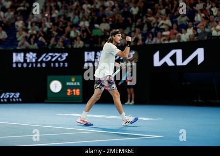 Melbourne Park 24/1/2023. Stefanos TSITSIPAS (GRE) in Aktion während des Quarterfinals bei den Australian Open 2023. Corleve/Alamy Live News Stockfoto