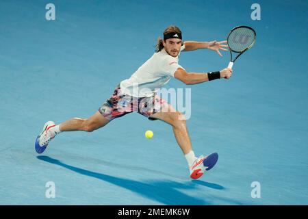 Melbourne Park 24/1/2023. Stefanos TSITSIPAS (GRE) in Aktion während des Quarterfinals bei den Australian Open 2023. Corleve/Alamy Live News Stockfoto