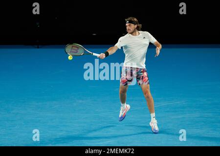 Melbourne Park 24/1/2023. Stefanos TSITSIPAS (GRE) in Aktion während des Quarterfinals bei den Australian Open 2023. Corleve/Alamy Live News Stockfoto