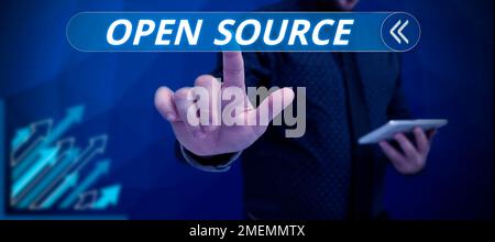 Textunterschrift für Open Source. Konzept bedeutet, dass die Software mit dem frei verfügbaren Original-Quellcode bezeichnet wird Stockfoto