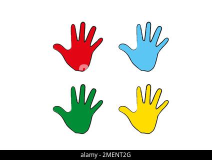 Vier Hände in Rot, Blau, Grün und Gelb Stockfoto