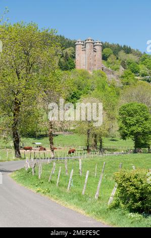 Frankreich, Auvergne, Cantal, Lanobre, Chateau de Val, Schloss und umliegende Landschaft Stockfoto