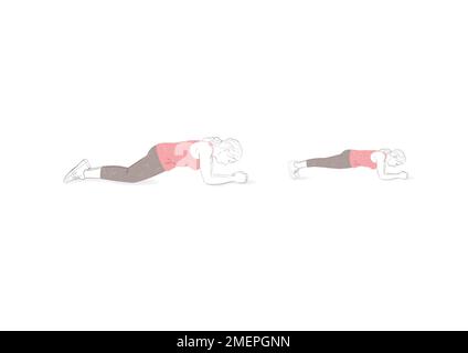 Natürliche Menopause; handgezeichnete Illustration Frau trainiert Bodyweight Plank Stockfoto