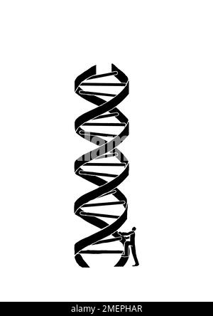 Ein Mann klettert auf einen riesigen Doppel-Helix-DNA-Strang, als wäre es eine Leiter oder Treppe Stockfoto