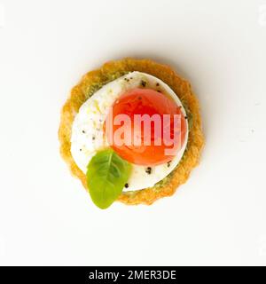 Käse, Tomaten und Basilikum Pesto croute mit Blatt, canape Stockfoto