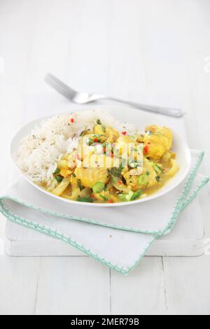 Keralanisches Fischcurry und Reis Stockfoto