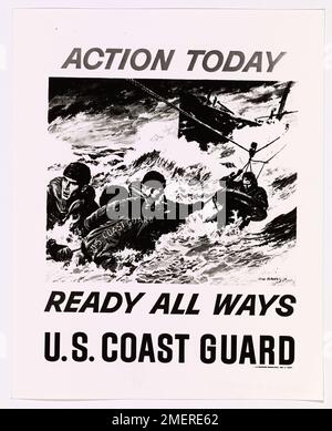 Ein Poster zur Rekrutierung der Küstenwache von John Floherty, Jr., betont die Handlungsbereitschaft. Das Poster zeigt die wichtige Rolle der Küstenwache in Kriegszeiten und ihre Bereitschaft, in allen Situationen zu reagieren. Stockfoto